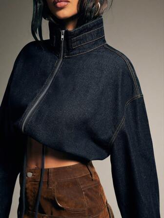 Denimoi Elastic Waist Toggle High Neck Zip Front Cropped Denim Jacket