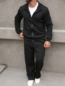 Manfinity Homme 男士黑色几何纹理拉链开衫外套，冬季款 - 黑色 - 查看 3