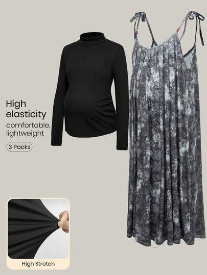 Modmama 秋装、秋季服装、孕妇装 秋冬服装 孕妇装 2 件套孕妇装：纯色长袖上衣和扎染吊带裙 背带裙 连衣裤 孕妇装 系带裙 云彩印花裙 波西米亚风两件套