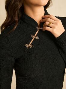 Poéselle 女士优雅两件套：长袖纽扣上衣和阔腿裤 - 黑色 - 查看 4