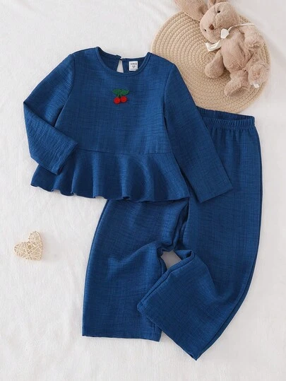 少女优雅樱桃印花休闲长袖上衣和裤子套装