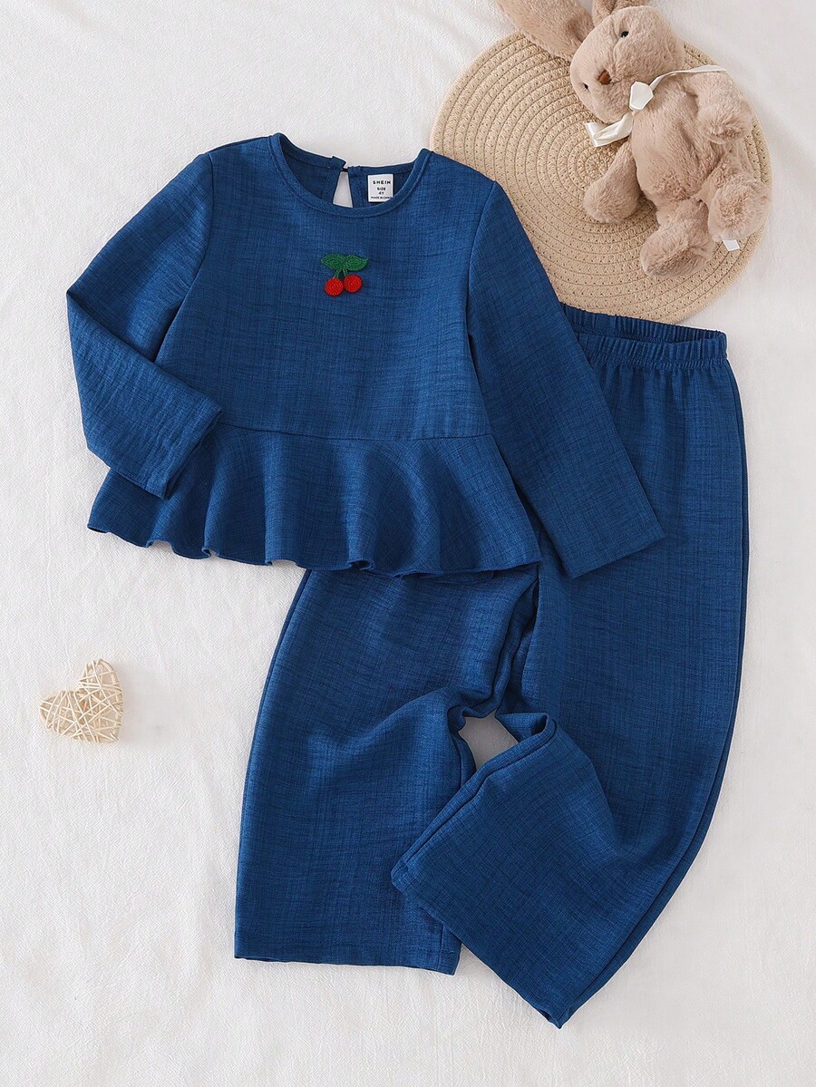 少女优雅樱桃印花休闲长袖上衣和裤子套装 - 藍色 - 查看 1
