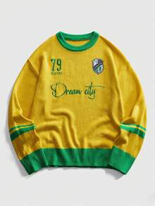 ROMWE MEN Sweater Rajut Sepak Bola Pria Kerah Bulat Gaya Preppy, Pakaian Olahraga Streetwear - Kuning - View 1