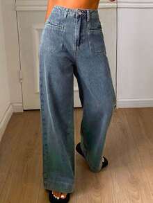 Livesso Jeans vaqueros anchos casuales y sueltos con diseño de bolsillos para mujer - Gris - Ver 3