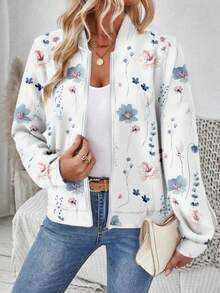 SHEIN LUNE 女士休闲碎花图案拉链夹克适合秋冬季