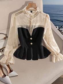 GlowEve CURVE 大码女式半透明拼接立领荷叶边修身长袖优雅百搭约会衬衫 - 黑色 - 查看 1