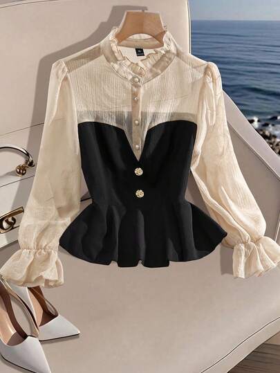 GlowEve CURVE Plus Size Dam Halvtransparent Patchwork Stand Collar Volangnedskärning Långärmad Elegant Mångsidig Dejtblus