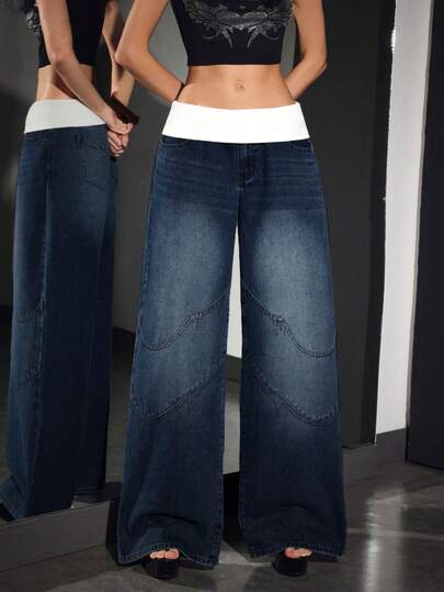 SHEIN PETITE Women's Contrast Waistband Wide Leg Loose Casual Jeans Jeans Wide Leg Loose Jeans Flare Jeans Women Flared Jean Low Rise Jeans Y2k