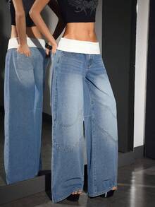 SHEIN PETITE Quần jeans ống rộng cạp thấp màu đơn giản dành cho nữ - Màu xanh lam - Xem 5