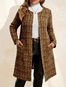 SHEIN Clasi Plus Size Women Winter Jacket, Faux Tweed Pattern Front Open Long Sleeve Coat With Pearl Buttons And Pockets - Brown - View 4