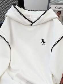 Resyla 女士卫衣/独角兽马图案刺绣/休闲简约时尚卫衣/刺绣工艺/时尚上衣/复古冬季卫衣/秋冬宽松圆领长袖连帽衫/女士春季套头衫，时尚卫衣，女士蕾丝撞色连帽衫，长袖上衣，秋冬连帽衫 - 白色 - 查看 3