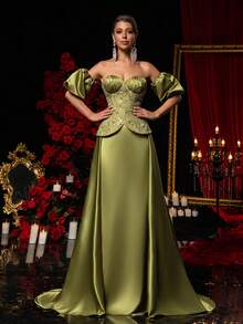 Glamrae This Elegant And Captivating Military Green Sequined Embroidered Dress Is Crafted From Luxurious Satin Fabric, Featuring A Strapless Design With Ruffled Puff Sleeves And A Flowing Fishtail Hem. Perfect For Dates, Parties, Bachelorette Parties, Formal Occasions, Weddings, And Elaborate Evening Gowns. - Army Green - View 8