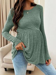 SHEIN Maternity Casual Basic Round Neck Long Sleeve T-Shirt Maternity Tops Pregnancy Clothes Green Long Sleeve Top Maternity Shirts For Women Maternity Clothes Fall Winter - Mint Green - View 6