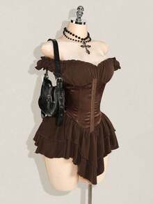 SHEIN ICON 女式白色褶皱提花腰带拼接荷叶边露肩分层荷叶边下摆 A 字雪纺迷你连衣裙，优雅适合派对和休闲 - 棕色 - 查看 8