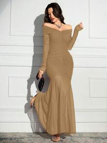 Modelyn Women's Solid Color Off Shoulder Long Sleeve Ruched Fishtail Hem Fitted Dress, Elegant - Khaki - View 4