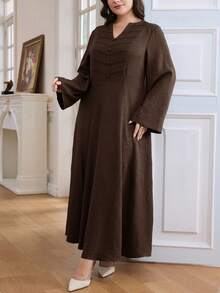Al Najma Plus Size Women Elegant Solid Color Notched Neck Arabic Style Dress - Camel - View 6