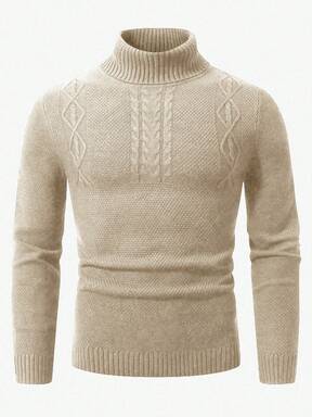 Manfinity Homme كنزة صوفية كاجوال بياقة عالية أكمام طويلة بتصميم كابل محبوك لون أحادي للرجال