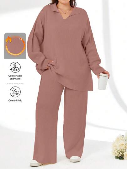 2pcs/Set Solid Color Turn-Down Collar Sweater And Long Pants Outfit