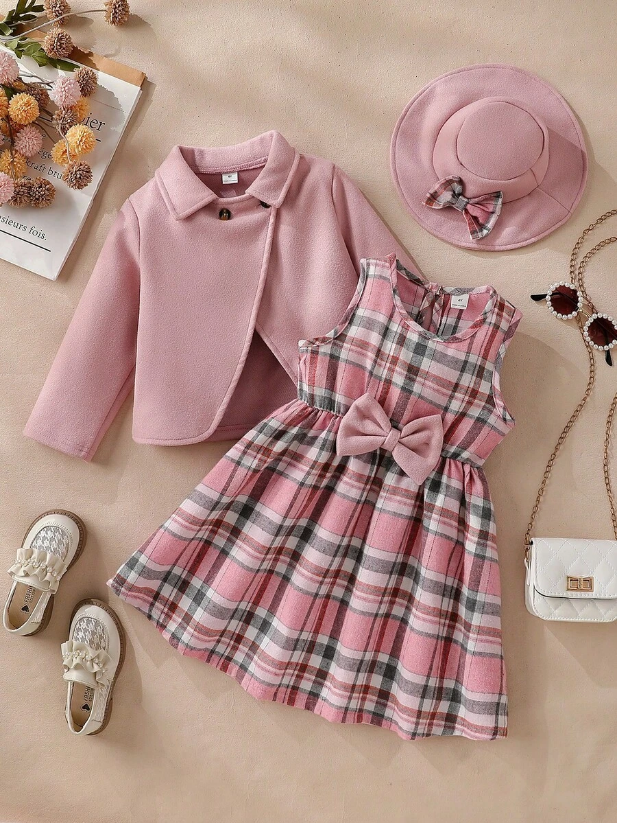 Elladie kids Conjunto de 3 piezas de estilo vintage para niñas: Chaqueta de mezcla de lana de unicolor con cuello de solapa + Vestido sin mangas de cuello redondo a cuadros + Boina a juego de mezcla de lana, para primavera y otoño - Rosa - Ver 1