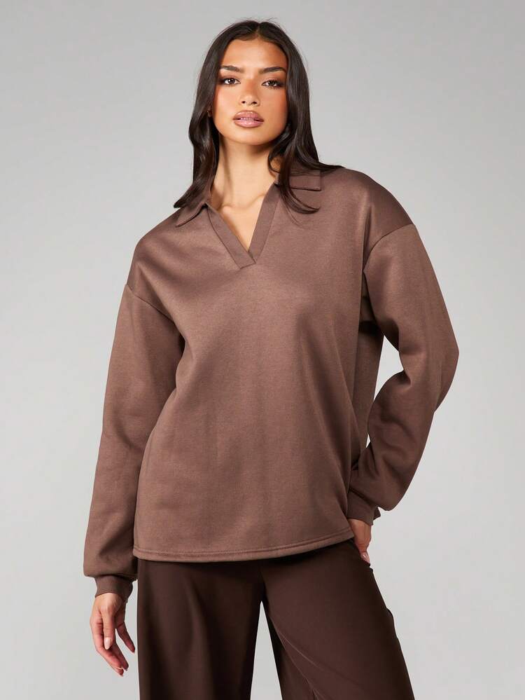 MISSGUIDED 여성용 칼라 브이넥 오버사이즈 풀오버 스웨트셔츠, 립 커프스 긴소매 가을 겨울 캐주얼 라운지웨어 탑