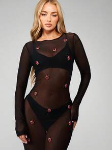 MISSGUIDED Sheer Mesh Long Sleeve Maxi Dress With Red Rhinestone Crystal Embellishments Bodycon Evening Gown - Black - View 5