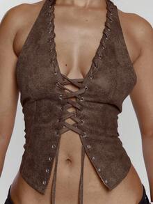 MUSERA V Plunge Faux Leather Lace Up Eyelet Stitched Detail Open Back Halterneck Top Sexy Going Out Night Out Winter Cute Streetwear Feraux Spring Summer Festival - Coffee Brown - View 6