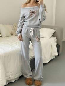 Setelan Sweatshirt Abu-abu Off-Shoulder untuk Remaja Perempuan, Detail Pita Leopard yang Stylish, Celana Panjang Longgar Lebar, Pakaian Kasual Nyaman untuk Sehari-hari di Musim Gugur untuk Sekolah - Grey - View 8
