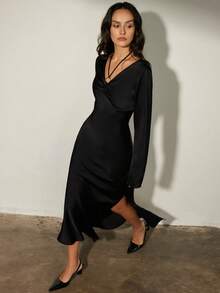 Aveloria Modichic Vestido de manga larga con cuello en V y cintura ceñida, de diseño elegante y versátil - Negro - Ver 2