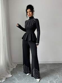 Elenzga Women's Solid Color Faux Pearl Decor Turtleneck Long Sleeve Ruffle Hem T-Shirt And Pants Elegant 2-Piece Set - Black - View 5