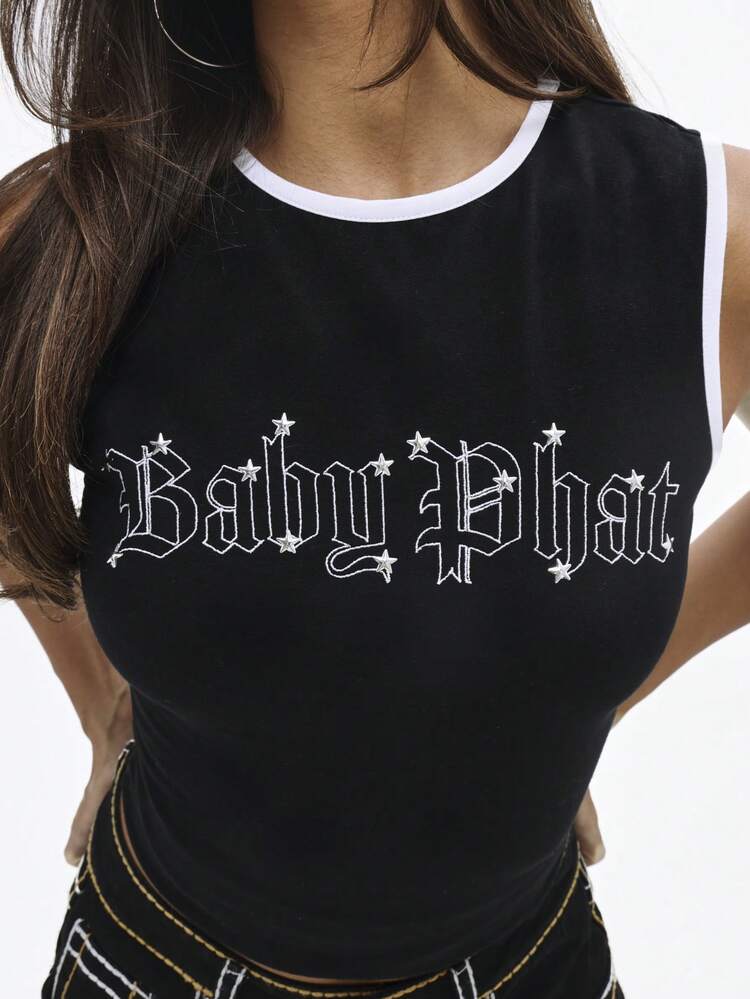 BABYPHAT Sleeveless Crop Tank Top With Contrast White Binding Gothic Text Print Summer Casual Basic