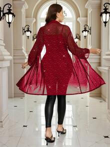 Gownix Áo cánh lưới mỏng sequin gợi cảm và thanh lịch cỡ lớn cho tiệc tùng, hộp đêm - Màu Đỏ Sâu - Xem 2