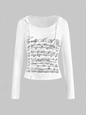 J-Fashion Y2K Retro Millennium Babe Music Note Print 2 In 1 Short Sleeve Hooded T-Shirt