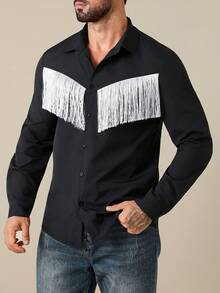 Manfinity Nomadique Men's Western Style Long Sleeve Single-Breasted Casual Fringe Shirt Men Black And White Shirt Long Sleeves Western Men Shirt Mens Fringe Mens Western Tops - Black - View 4