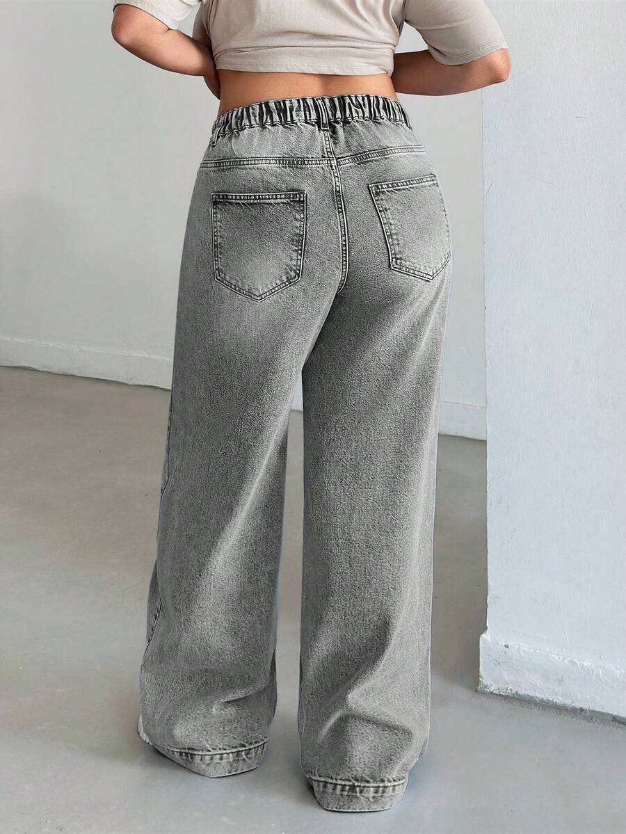EURMUSE WOMEN HIGH WAISTWIDELEG CUTLINE PLUS SIZE JEAN - Grey - View 1