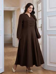 Al Najma Plus Size Women Elegant Solid Color Notched Neck Arabic Style Dress - Camel - View 5