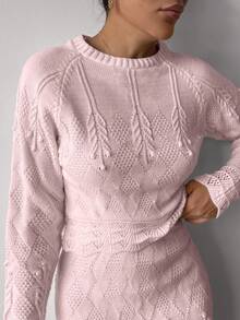 EURMUSE Elegant Texture Knit Hollow Out Sweater & Sweater Skirt Co-Ords 2 Pieces Set - Baby Pink - View 4