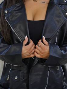 SAYEHFBABY 女士时尚 PU 皮革摩托车夹克，新款修身立领长袖短款飞行员外套，春秋季 - 黑色 - 查看 3
