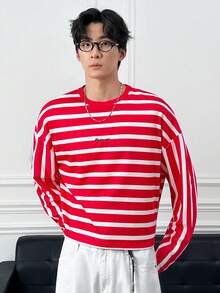 ESTAVOR 男士休闲通勤字母刺绣条纹落肩长袖T恤 - 紅色 - 查看 3