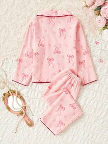 2 pezzi Set pigiama da ragazza con pantaloni larghi e top a maniche lunghe, con ricamo di ciliegie, casual e carino - Rosa - Visualizzare 2