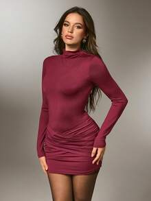 Nuvra Women's Solid Color Turtleneck Long Sleeve Ruched Mini Dress, Autumn/Winter Red Dress Elegant Dresses For Women New Year Dress 2-In-1 Breast Pad - Burgundy - View 3