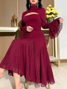 Modelyn Women's Elegant Party Stand Collar Hollow Out Flare Sleeve Midi Dress Party Outfit - Burgundy - View 1
