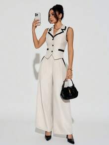 SHEIN PETITE 女士优雅通勤撞色饰边背心裤套装 F，所有女士服装，返校季，教师装，优雅婚礼宾客礼服，商务休闲女装，优雅婚礼宾客礼服，复古风格女装，女士纽扣衬衫，秋冬季 - 白色 - 查看 8