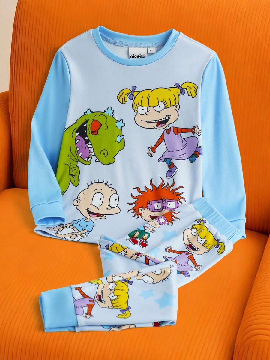 Nick 90s | SHEIN Young Boy Cartoon Dinosaur Print Blue Long Sleeve Crew Neck T-Shirt And Pants Pajama Set - Blue - View 1