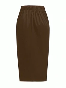 Elenzga 大码女式纯色腰带扣设计优雅铅笔裙 - 卡其色 - 查看 2