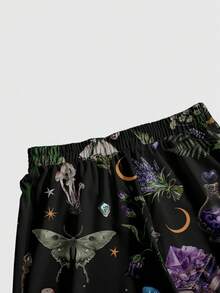 ROMWE Goth 大码女式哥特宝石日月星叶印花阔腿裤 - 黑色 - 查看 4