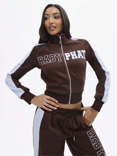 BABYPHAT Women Brown White Colorblock Full Zip Sweatshirt Track Jacket Retro Style Long Sleeve Casual Winter Top