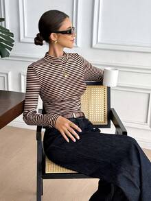 Serisse 女式撞色条纹高领长袖T恤 - 彩色 - 查看 5