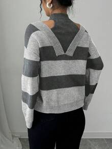 Elenzga Women's Autumn/Winter Striped Drop Shoulder Long Sleeve Loose Pullover Sweater - Light Grey - View 2
