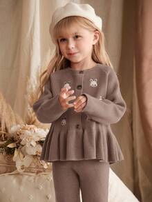 SHEIN Young Girl Cartoon Pattern Crew Neck Long Sleeve Pullover Top And Elastic Waist Pants 2-Piece Set, Girls Rabbit Sweater Set, Girls Cardigan Set, Girls Autumn/Winter Knit Set, Girls Ribbed 2-Piece Set, Girls Knit Cardigan Set, Girls Autumn Outfit, Young GirlWinter Outfit, Brown Girls Knit Set, Girls Rabbit Pattern Set - Mocha Brown - View 4