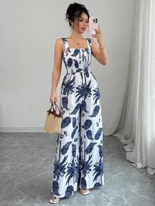 SHEIN PETITE Women's Summer Vacation Blue & White Print Camisole Jumpsuit - Blue and White - View 1